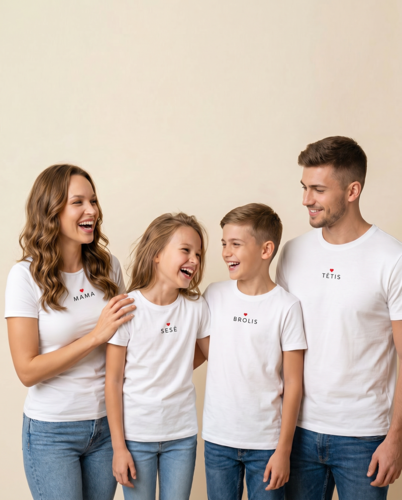 Balti šeimos marškinėliai su užrašais MAMA TĖTIS SESĖ BROLIS ir raudona širdele