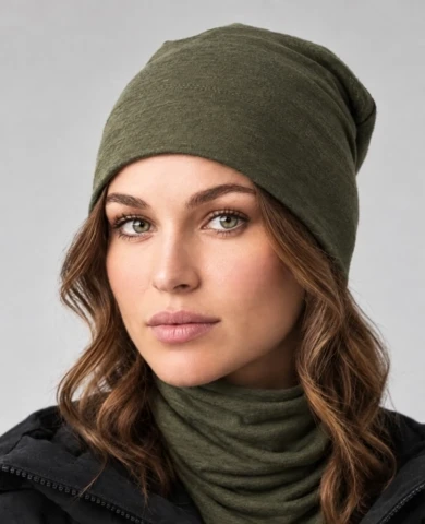 merino vilnos kepurė unisex iš 100 % merino vilnos su dvigubu atlanku, merino vilnos kaklo mova unisex iš 100 % merino vilnos su plokščiomis siūlėmis
