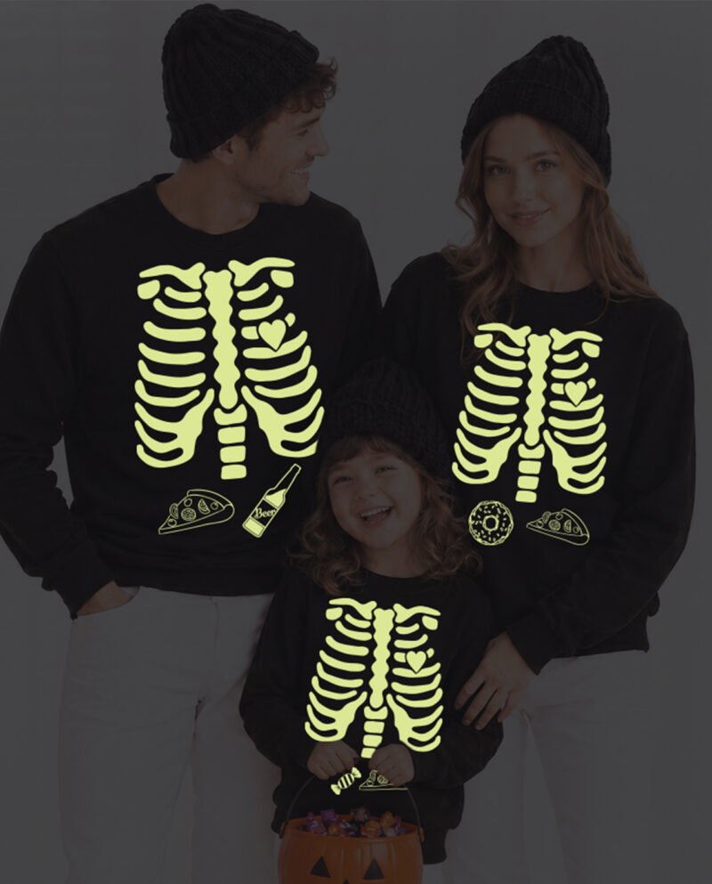 Helovyno džemperiai šeimai su švytinčiu tamsoje skeletu, širdele ir piešinukais tėčiui, mamai ir vaikui